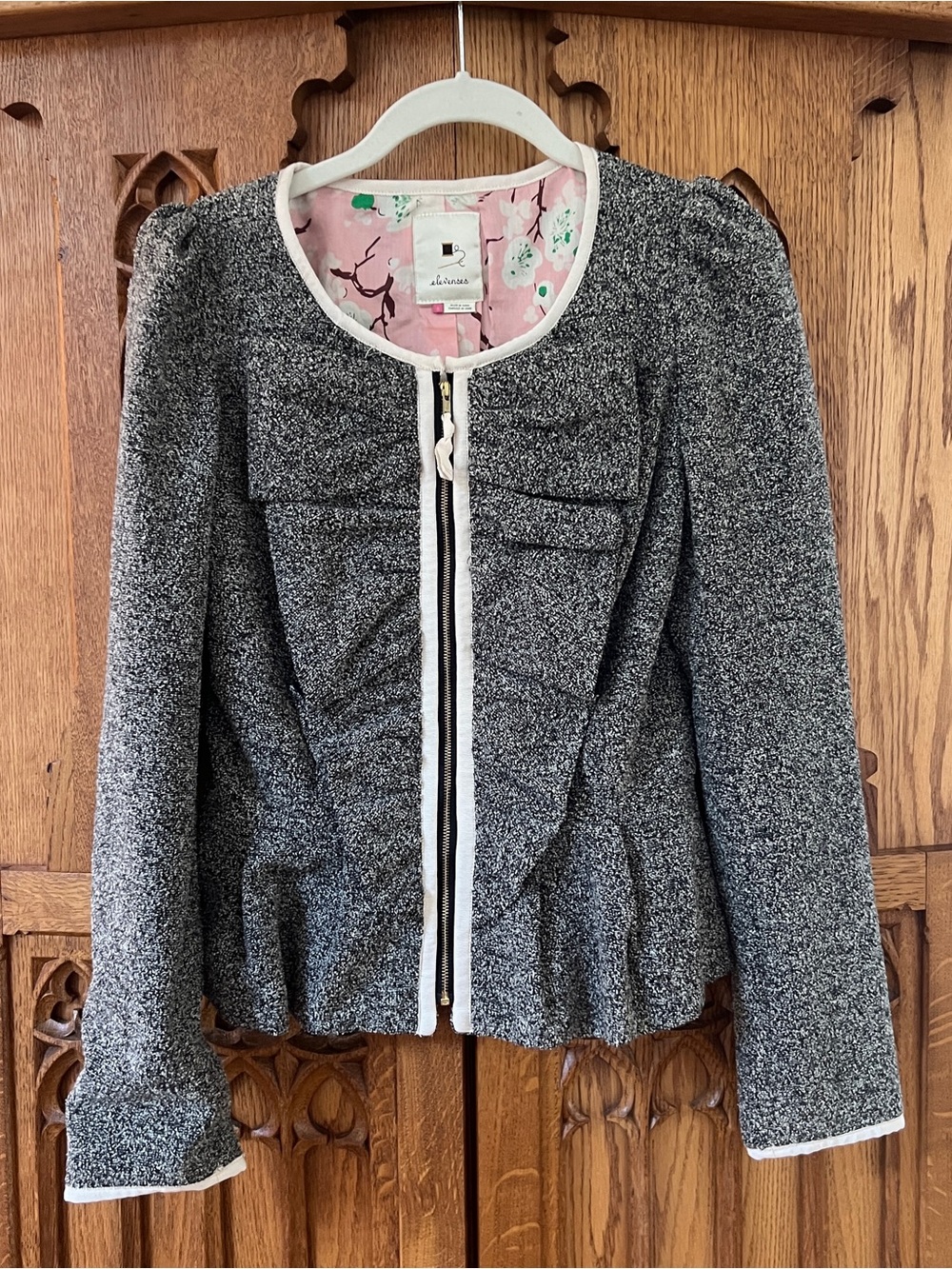 Anthropologie Tweed Ruffle Zip Jacket in Black & White